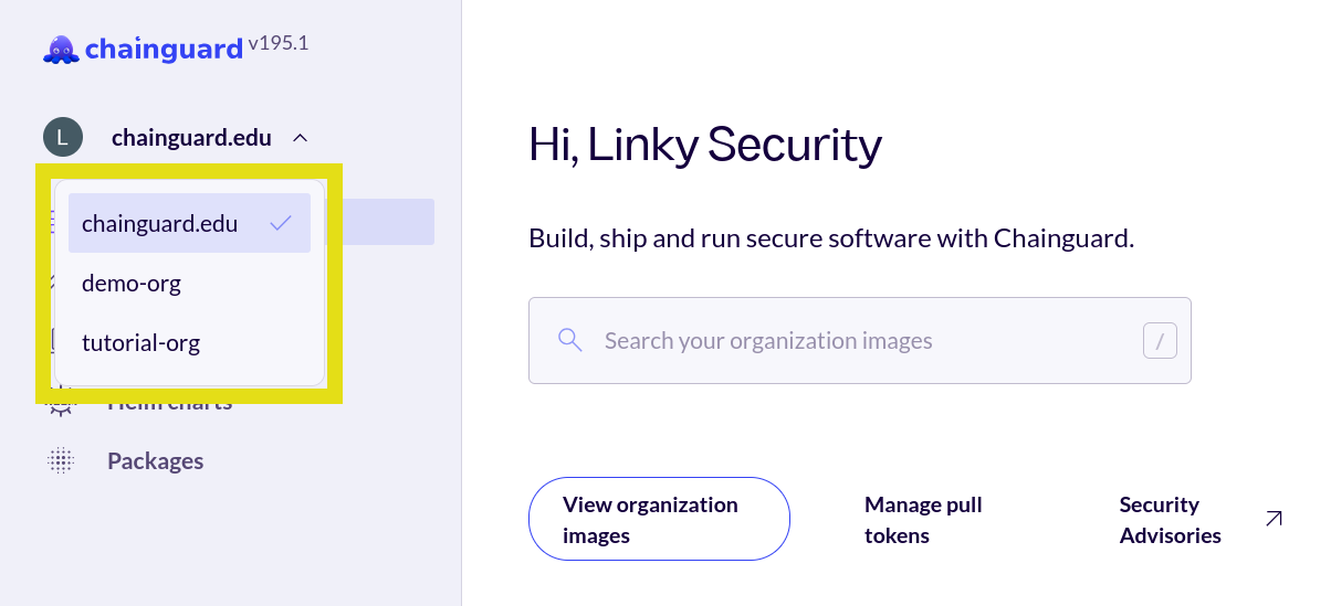 Screenshot of the Chainguard console, with the Organization selection drop-down menu highlighted in a yellow box.