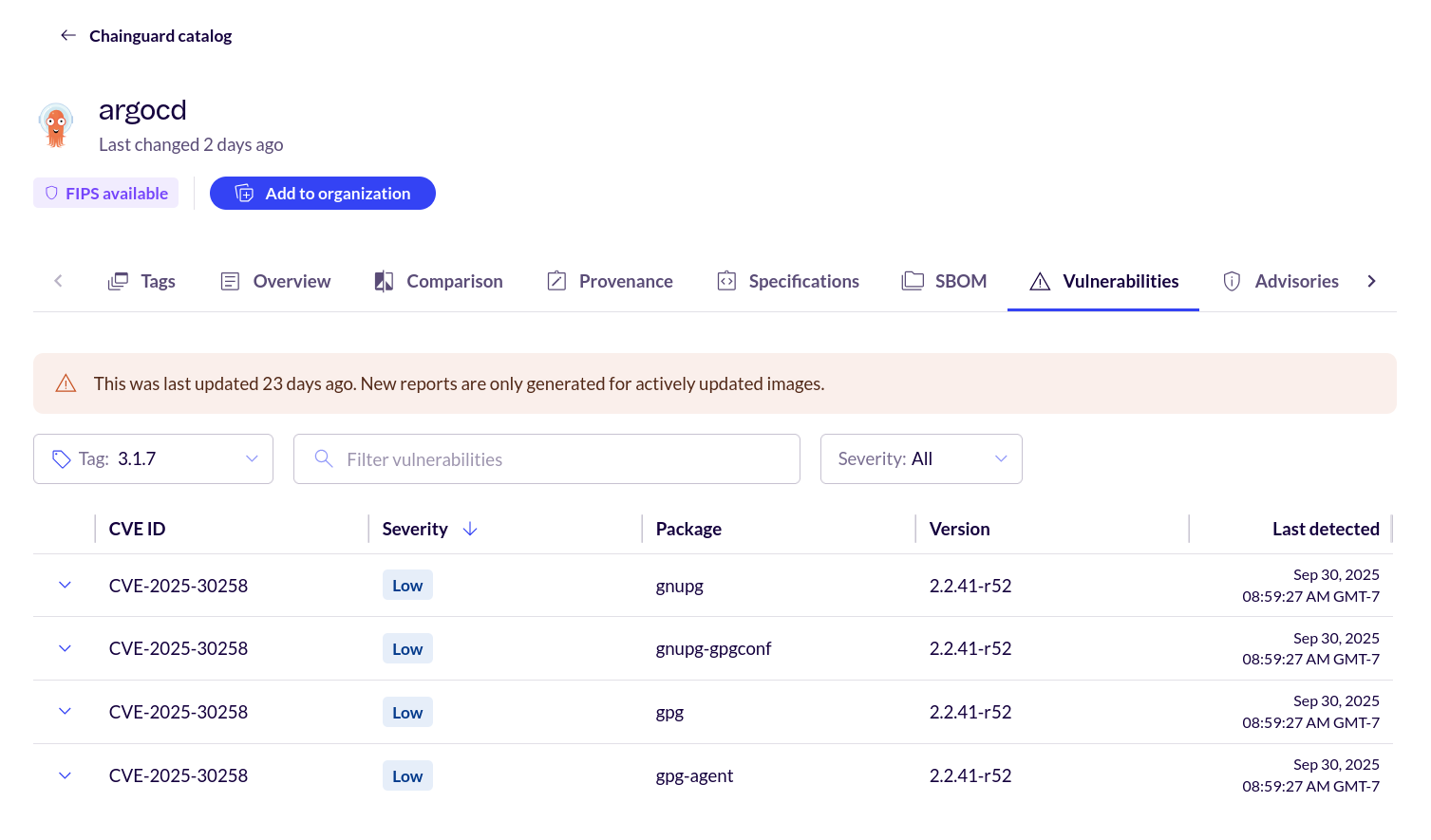 Screenshot of the argocd image's 'Vulnerabilities' tab, with '3.1.7' selected in the Tag drop-down menu. The table shows four rows, all highlighting the same vulnerability (CVE-2025-30258) but associated with different packages: gnupg, gnupg-gpgconf, gpg, and gpg-agent.